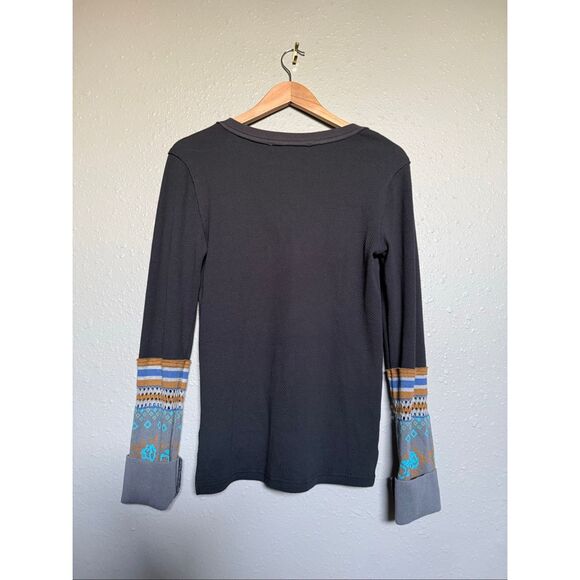 We The Free Mikah Notch Neck Top – Waffle Knit Henley w/ Patterned Sleeves – Siz - Picture 5 of 11